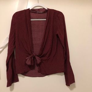 Polka dot burgundy bell sleeve tie top